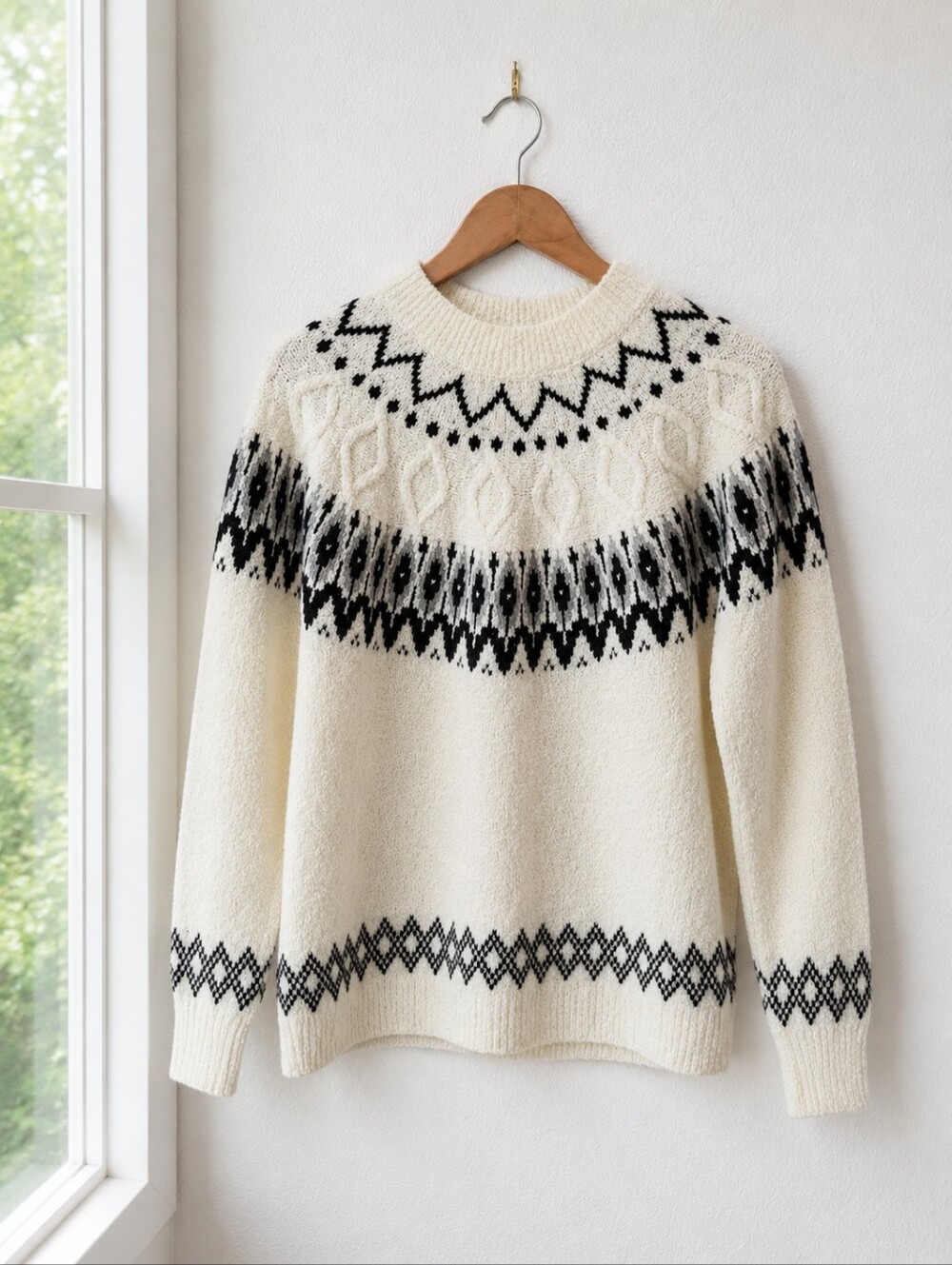 J.Jill Fair Isle Sweater Medium Tall Ivory Black Cozy‎ Knit Pullover